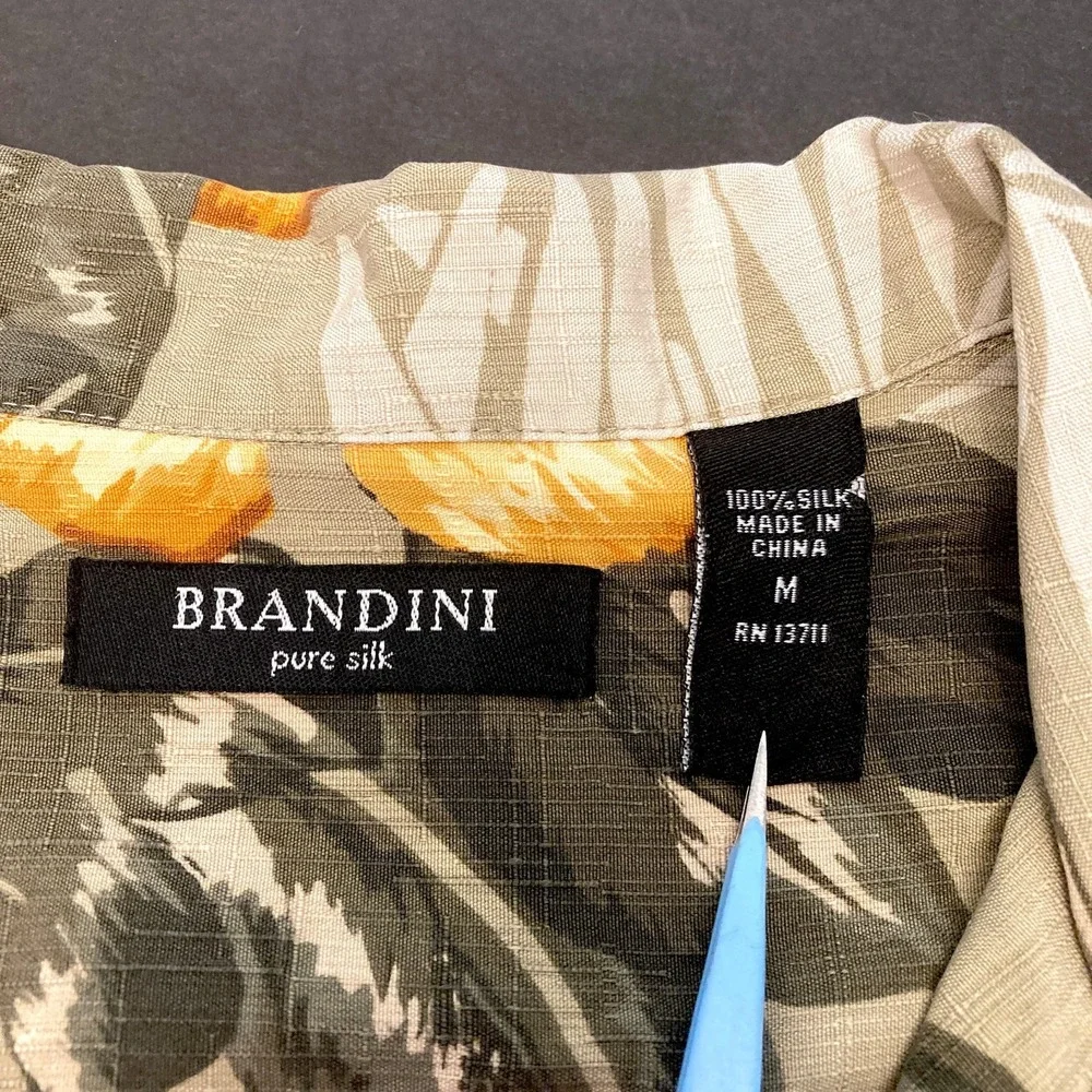 Brandini 100% Silk Hawaiian Shirt Men's Medium Green Yellow Hibiscus Palm Casual